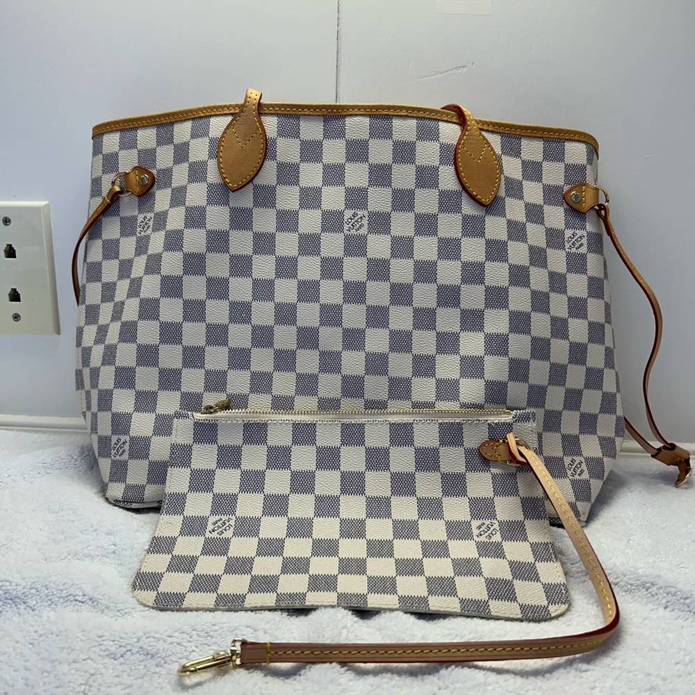 REAL Louis Vuitton Neverfull MM Damier Azur Shoulder Bag With Pochette